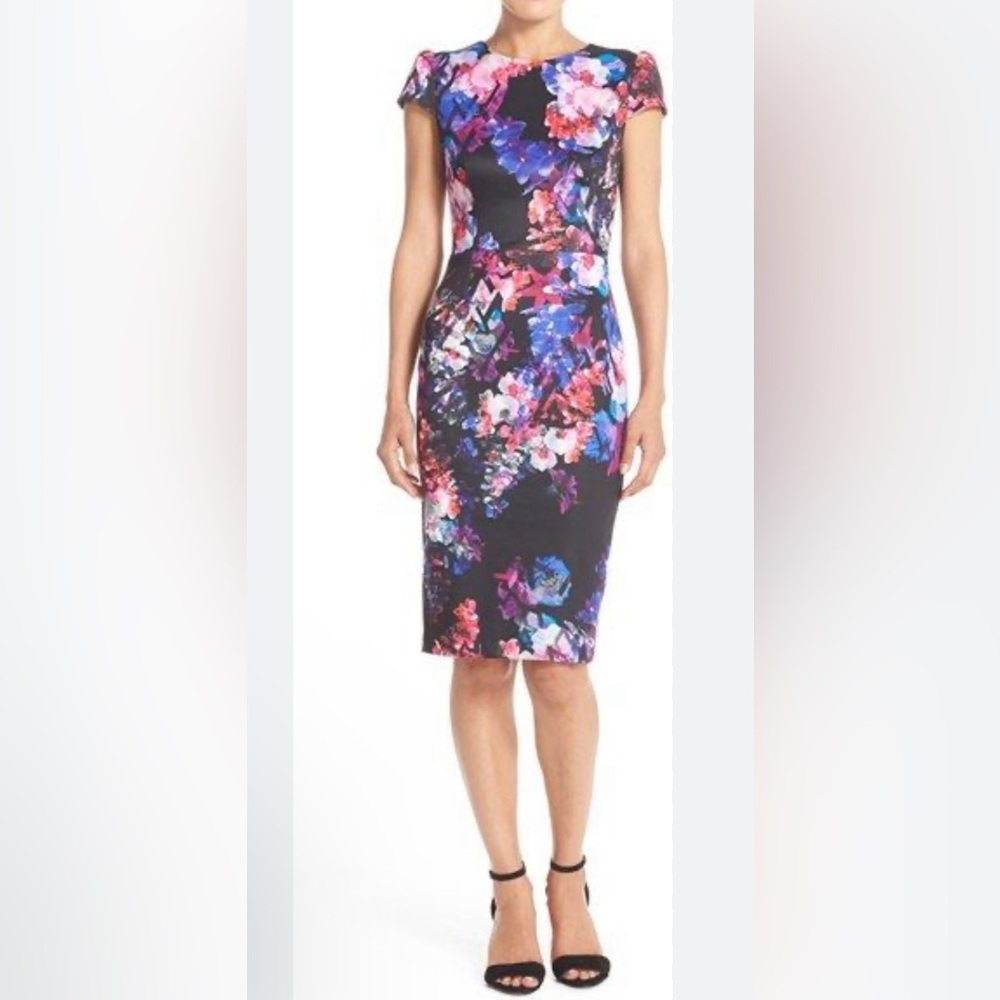 Betsey Johnson size 2 floral black dress. Short sleeve, pencil skirt